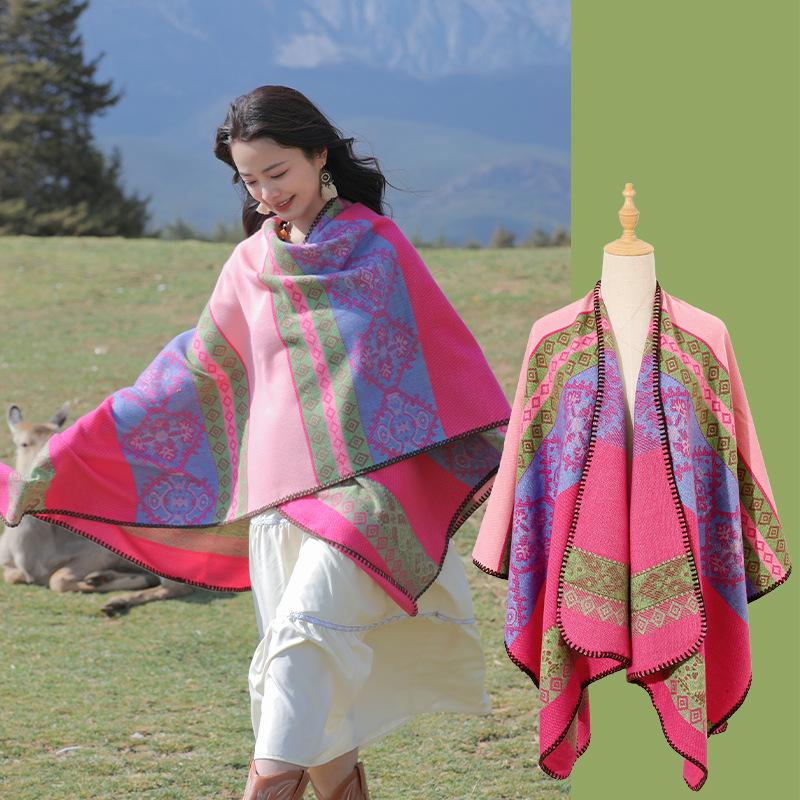 Grassland ethnic style split shawl cape Xizang Xinjiang Inner Mongolia travel warm outer scarf cape women 135*150