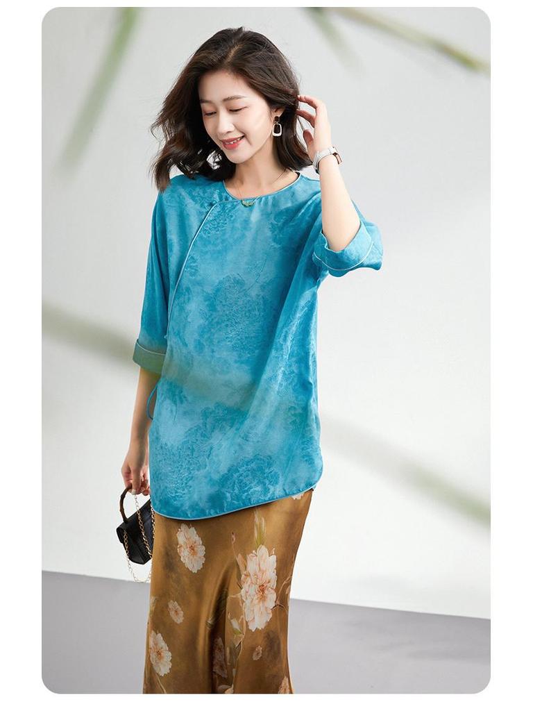 Women's High-End Chinese Style 100% Pure Mulberry Silk Ribbed Jacquard Top & Pants Set