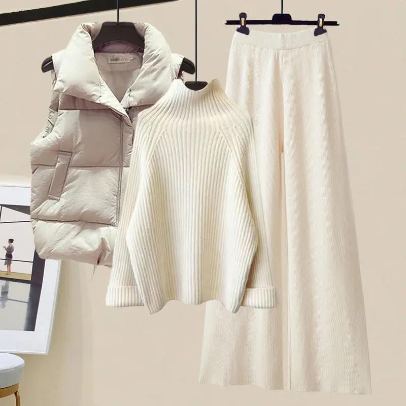 Women's Slimming Bell Bottoms Three-Piece Cotton Padded Coat Vest Polo/Turtle Neck Sweater Winter Wear