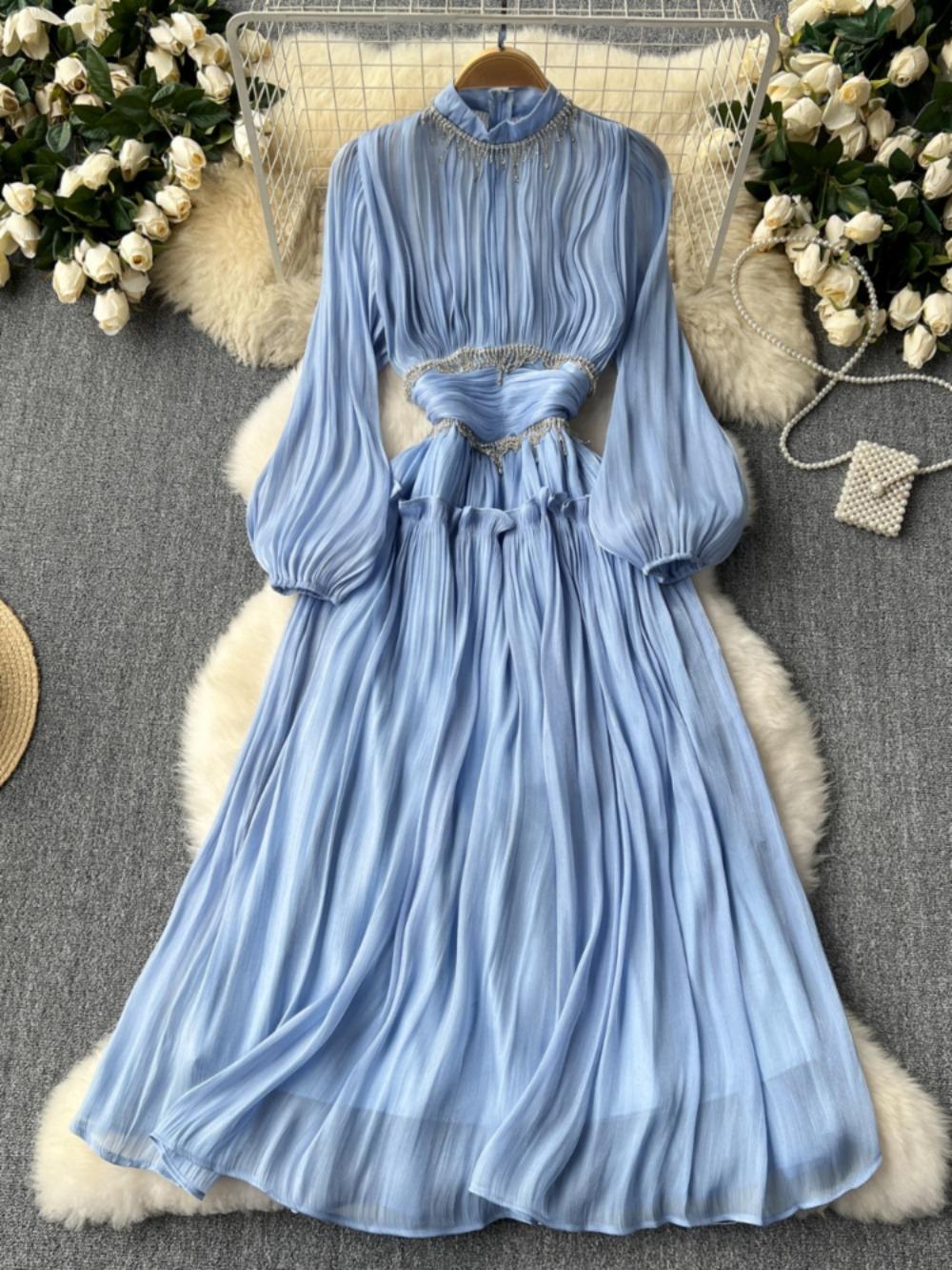 

Новое элегантное платье с воротником-стойкой и рукавом-фонариком Mujer, облегающее платье с рюшами и большими качелями, тяжелый халат с кисточками и цепочкой, платье Moda во французском стиле XXL синий