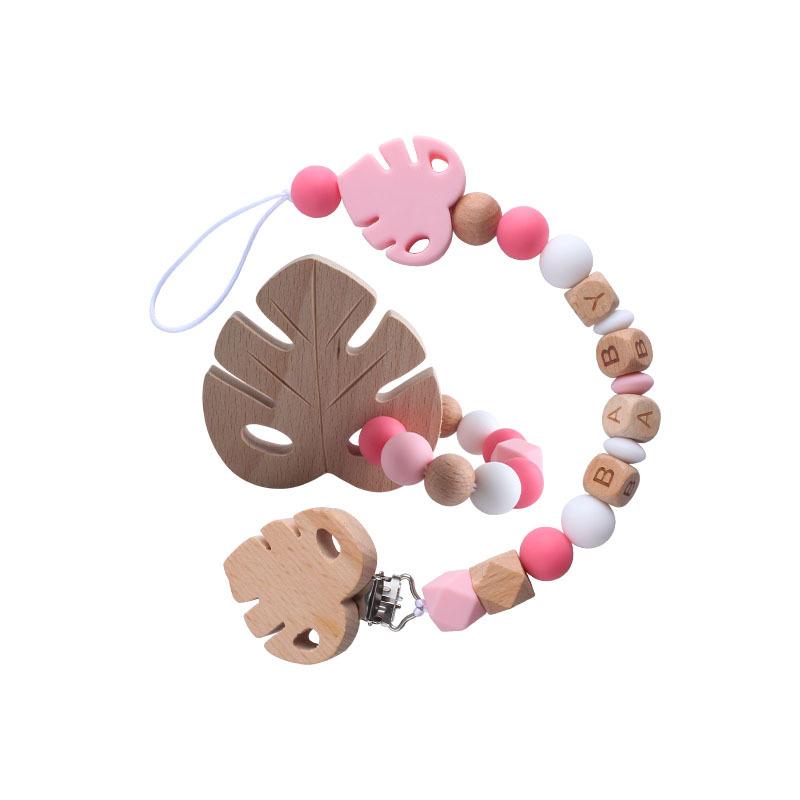 DIY Baby Personalized Name Leaf Pacifier Clips Holder Chain Teething Toys Gifts Wooden Ring Anti-drop Chains Babies