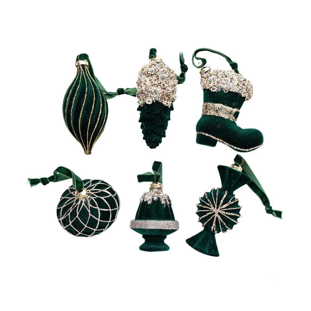 Christmas Tree Decorations Set of 6 with Flocked Texture Ornaments Designed for Window Display and Festive Seasonal Arrangements