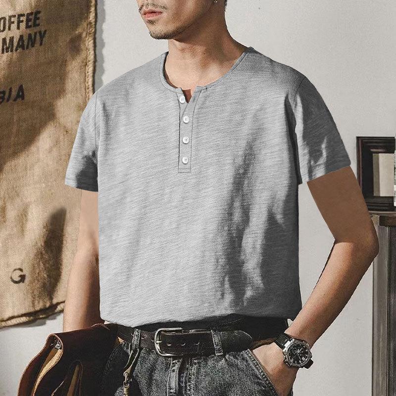 Heavyweight Bamboo Henry Collar Men's T-shirt Short-sleeved Summer Casual American Big Size Solid Colour Men's Button Up Tops