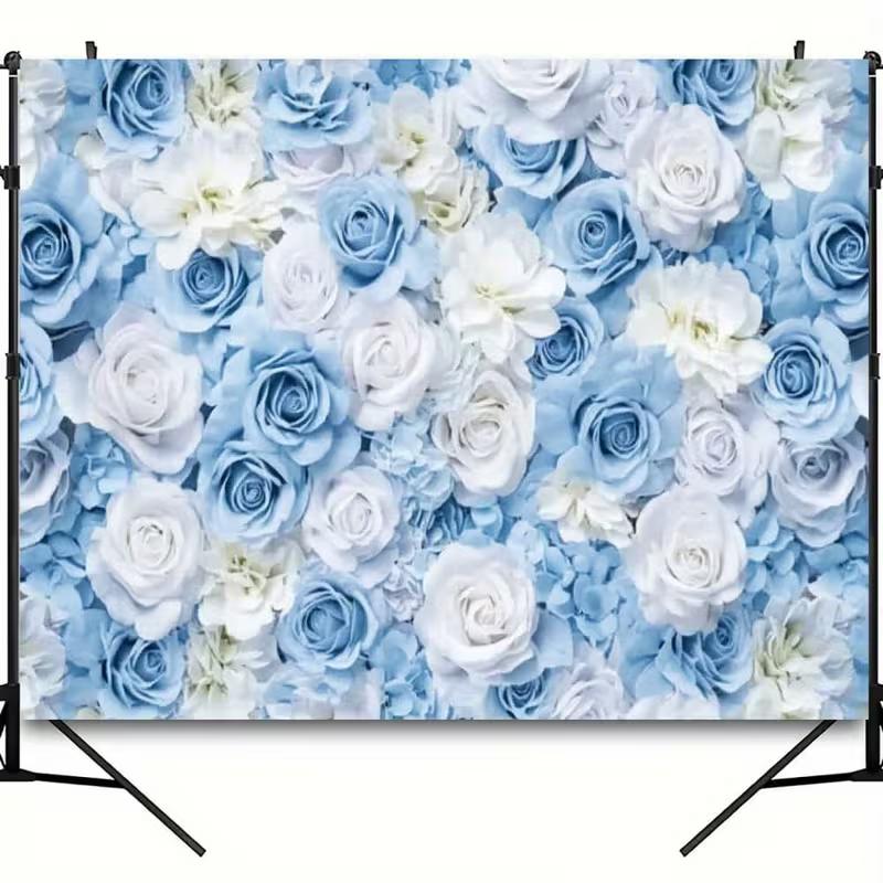 2D Florale Wandkulisse, Blau-Weißer Rosenhintergrund für Junggesellinnenabschiedsparty