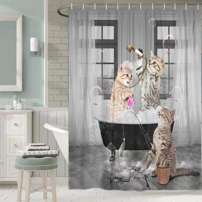 Cortina de Ducha de Gato Divertido Animal Divertido en Bañera con Peces Cortina de Ducha de Tela Hilarious Mascota Decoración de Baño Set con Ganchos