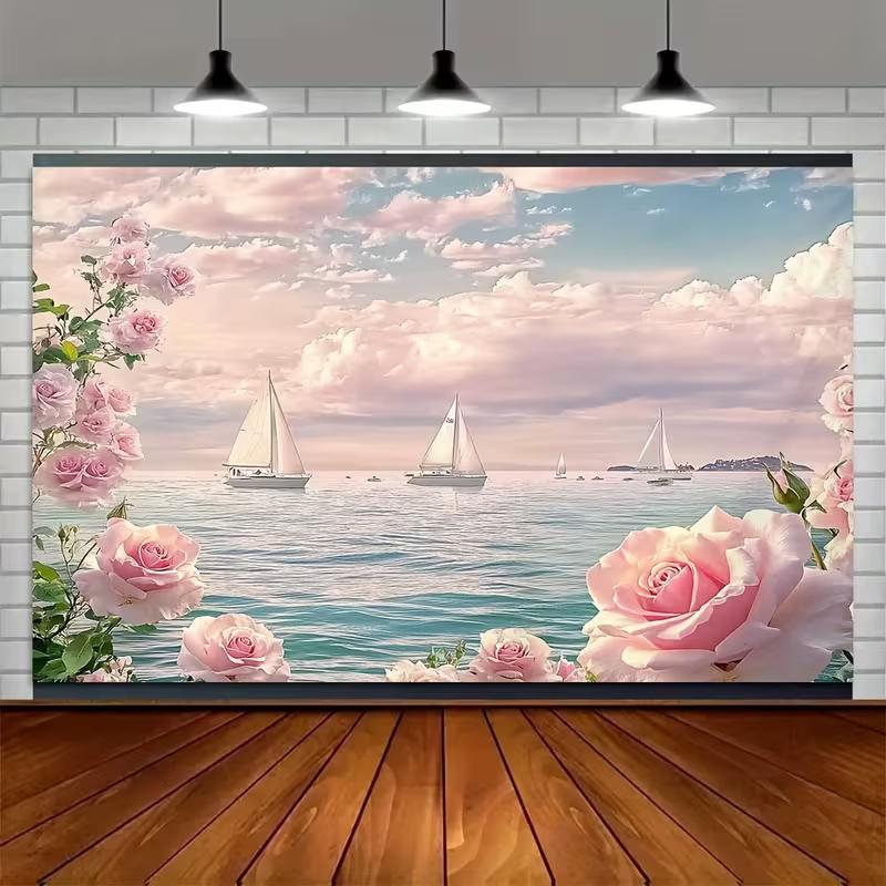 2D Floral Ocean Sailboat Tapestry for Bedroom & Living Room