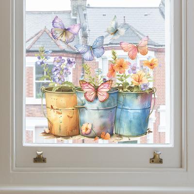 Fun-f134 Iron Bucket Flower Pot Butterfly Glass Doors and Windows Home Beautify Decorative Window Stickers