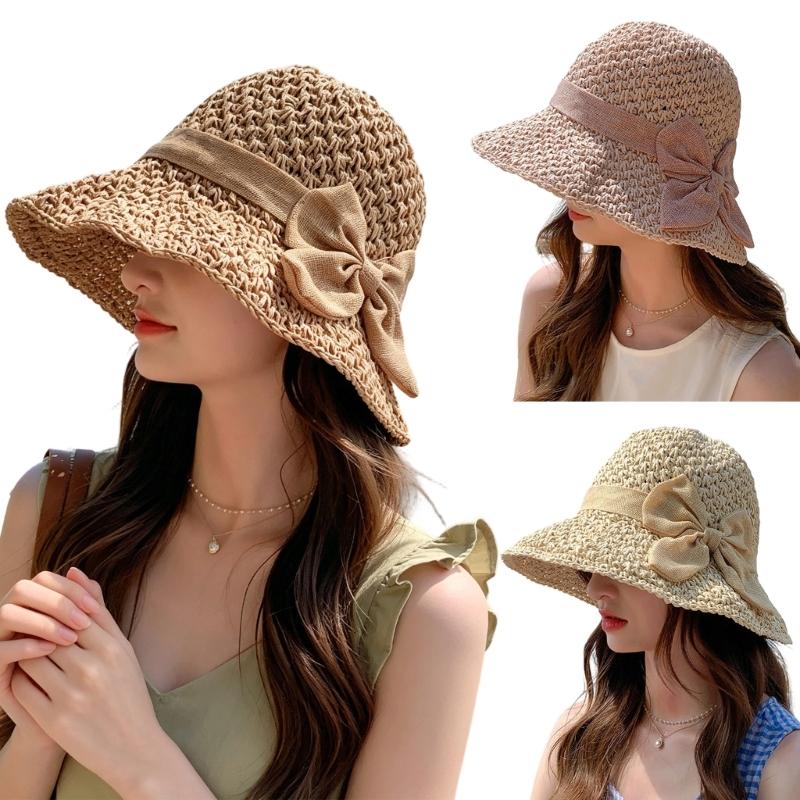 Elegant Bows Straw Hat for Women Breathable Summer Beach Hat Sun Protections Wide Brims Fisherman Cap