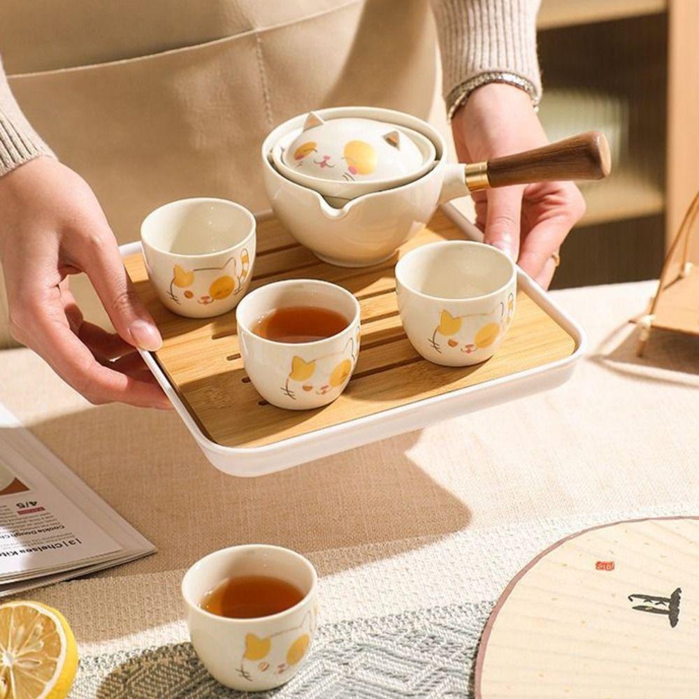 5/7pcs Ceramic Lucky Cat Teapot Set Japanese Style Bubble Tea Set Kung Fu Tea Pot Set  Office