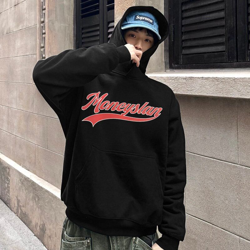 

Moneyslan Letters Niche Fashion Brand Design Sense American Autumn and Winter Fleece-lined Loose Men Couple Hoodie Money Red Letter Hoodie Black L