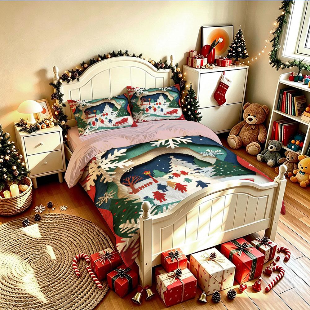 Christmas Duvet Cover Set 3Pcs 3D Paper Cut Winter Village Snow Print Soft Microfiber Bedding with Pillowcases