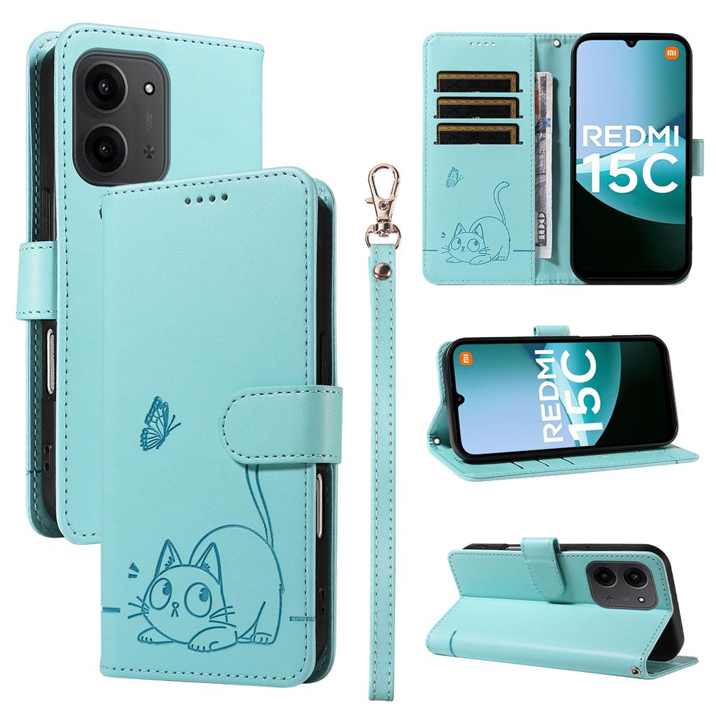 For Xiaomi Redmi 15C 4G (171mm) Case Cat Pattern Imprint Leather Phone Cover with Wrist Strap