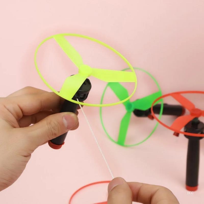 5Pcs Colorful Plastic Pull String Hand-Push Flying Discs Propeller Helicopter Outdoor Toys For Kids Flying Spin Top Game