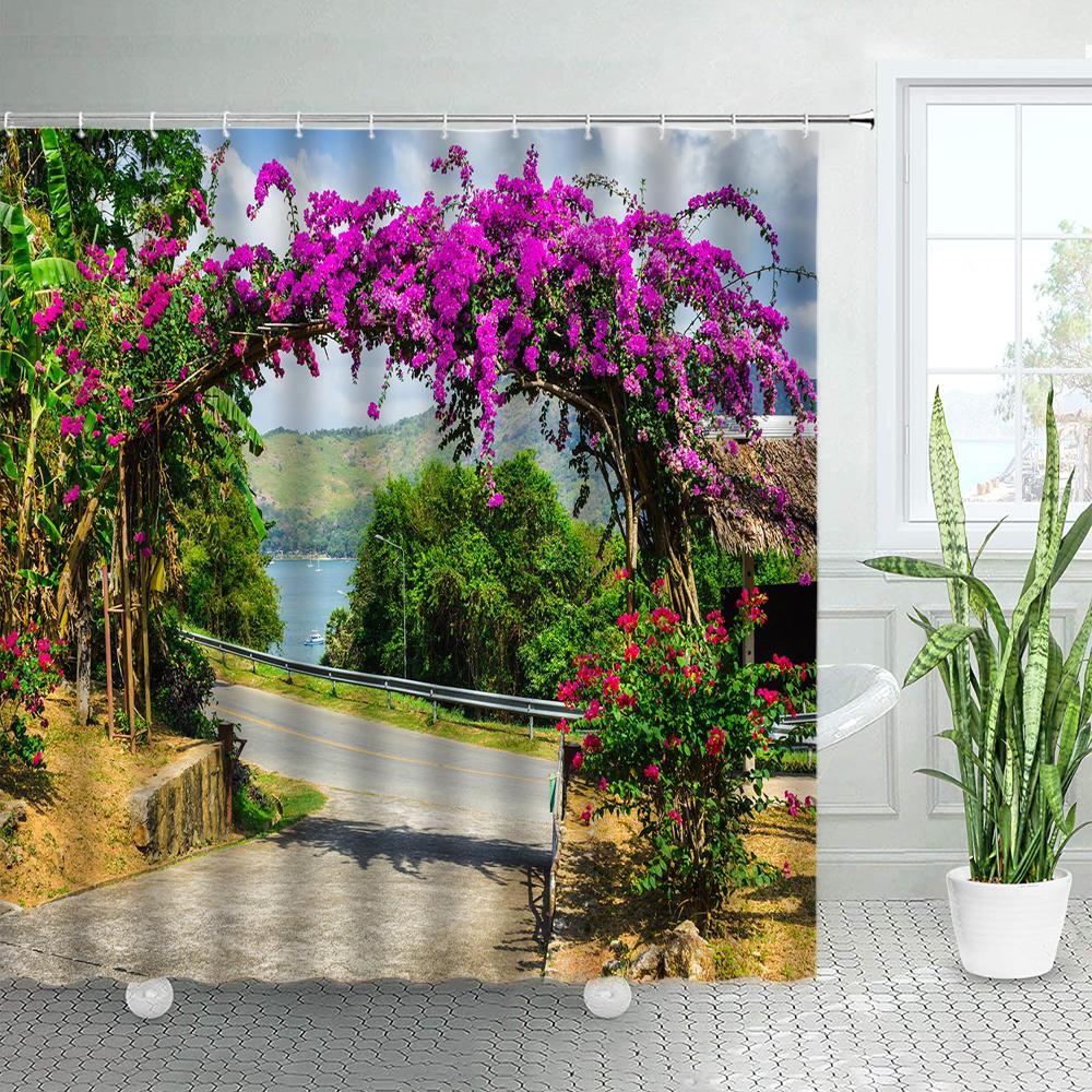Spring Rural Landscape Shower Curtains Set Pink Flowers Tree Forest Natural Floral Green Plant Scenery With Hooks Bathroom Decor
