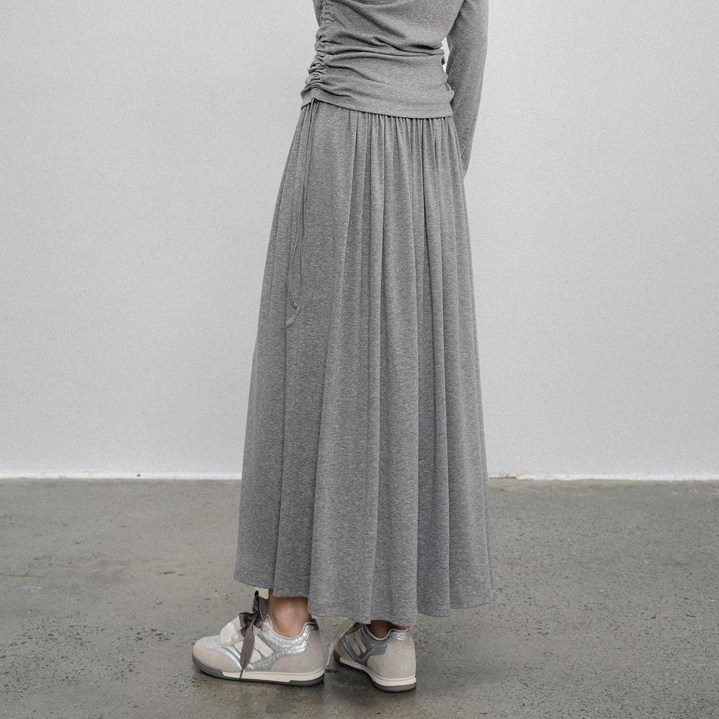 Elegant Gray Pleated High-Waist Maxi Skirt - A-line Spring Design