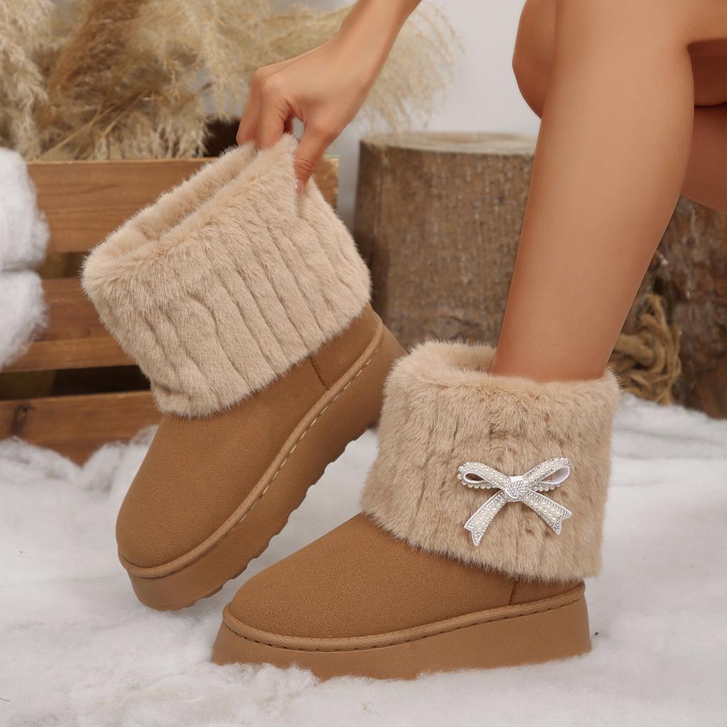 Fashionable Women's Round Toe Warm Thickened Plush Winter Boots Rhinestone Bow Thick Sole Casual Comfortable Women Snow Boots
