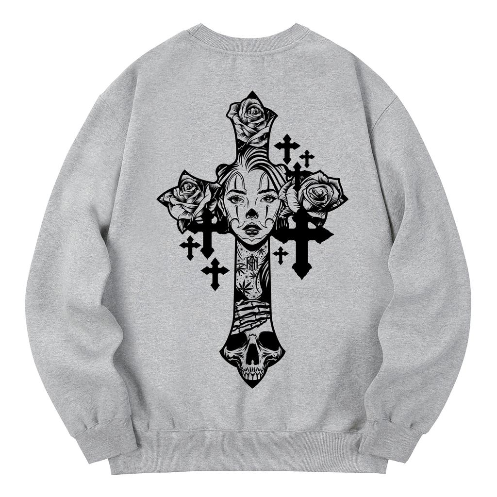 KAN6312 Kmg0022 Chicano Cross Fleece-Lined Sweatshirt - Gray