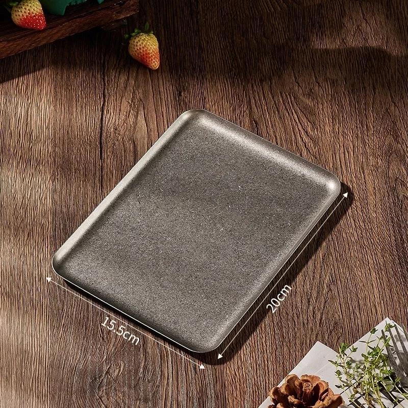 Vintage 304 Stainless Steel Snowflake Silver Square Tray Round Edge Dinner Plate Dessert Grill Tray Steak Plate Decorative Tray