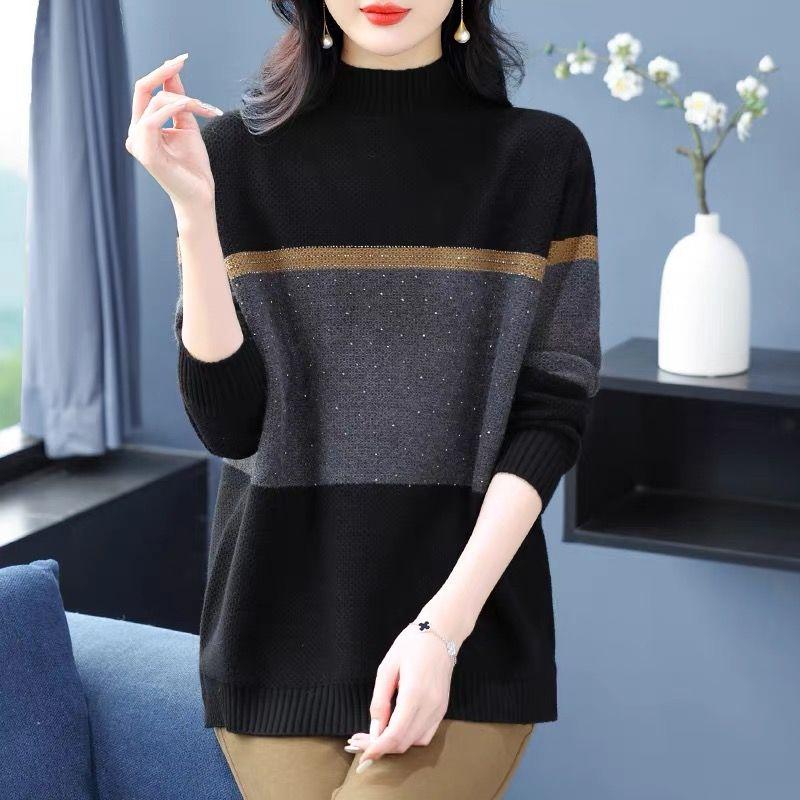 Women's Autumn & Winter Mock Neck Sweater - Mid-Length Loose Plus-Size Mother's Style Color-Block Fashion Thickened Knit Base Layer Top
