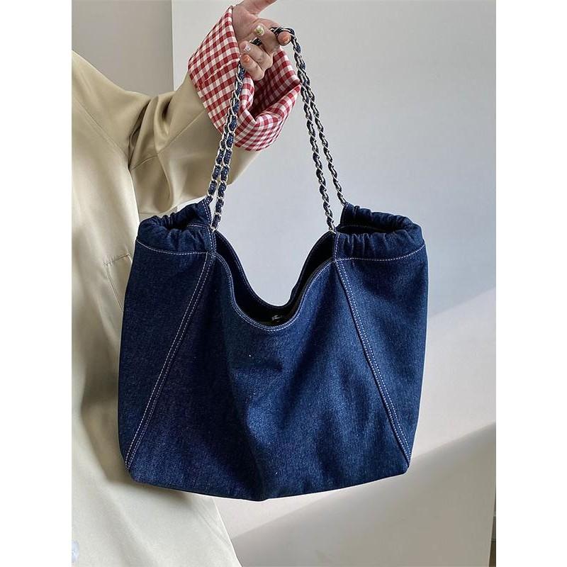IELGY Female Bag Korean Style Large-Capacity Denim Chain Shoulder Tote Bag