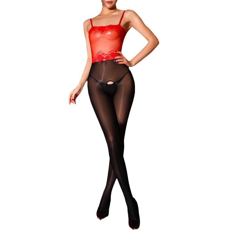 Sexy Lace Camisole Splicing Glossy Stockings One-piece Pantyhose Tempting Silky Smooth Glossy Horse Oil Open-crotch Bodystocking