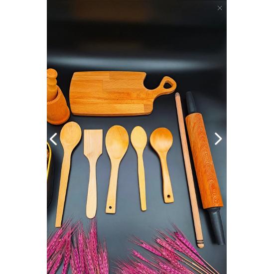 

Wooden Rotating Rolling Pin Kitchen Service Ladle Cutting Board Mortar 10 Piece Dowry Set