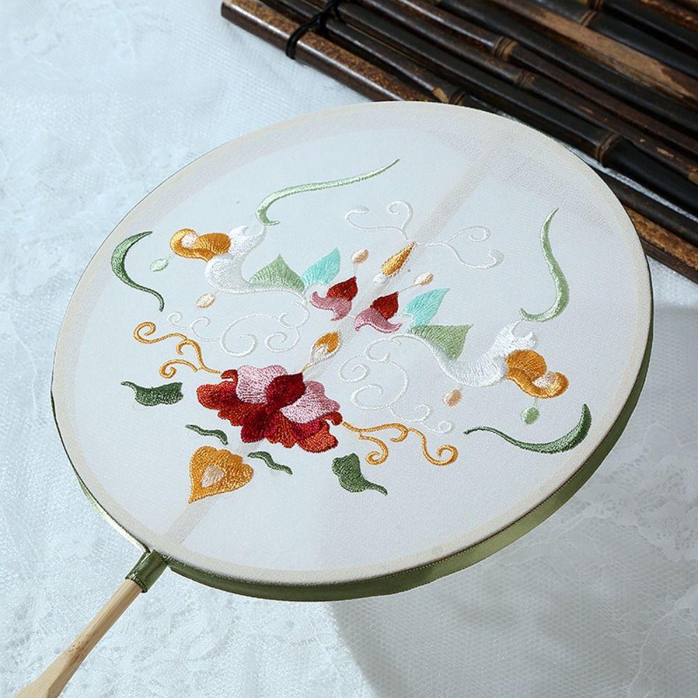 Embroidered Chinese Style Round Fan Classical Hanfu Hand Fan Long Handle Silk Fan  Female Costume