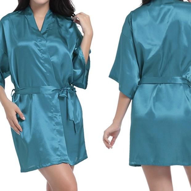 Damen Satin Kimono Nachthemd - Glänzend, Uni, Kurzer Sommer Bademantel