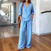 Women Linen 2 Piece Sets Summer Long Sleeve V Neck Shirts Matching Wide Leg Pants Lounge Sets Casual Beach Vacation Outfits
