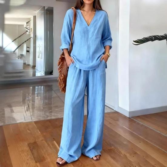Women Linen 2 Piece Sets Summer Long Sleeve V Neck Shirts Matching Wide Leg Pants Lounge Sets Casual Beach Vacation Outfits