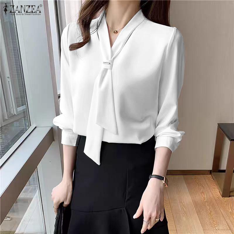 ZANZEA Women Casual Bow Collar Solid Color 3/4 Sleeve Blouse