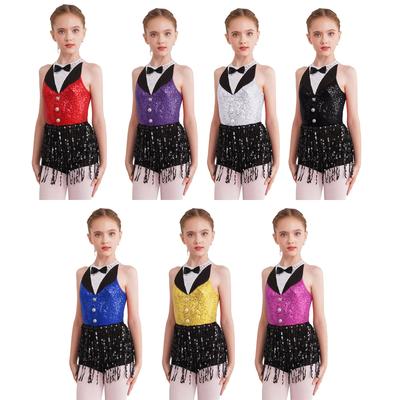 Kids Girls Sequins Tassel Latin Ballet Dress Tutu Skirt Leotard Modern Jazz Ballroom Performance Dancewear