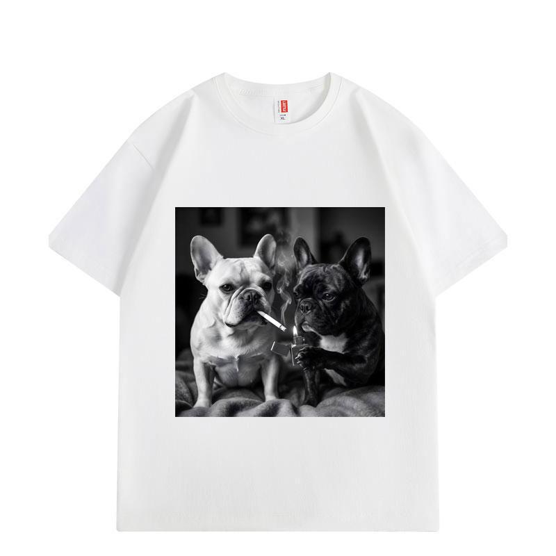 French Bulldog Smoking Funny Meme Graphic T Shirts Men Women Fashion Vintage Short Sleeve T-shirt Summer Cotton T-shirts