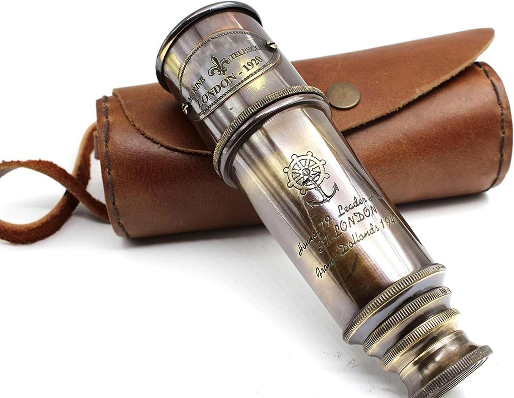 1920 Brass Maritime Vintage Telescope  Handheld Pirate Spyglass with Leather Case  Nautical Monocular for Collectors, Hiking, Gift 15 Inch  Expandable