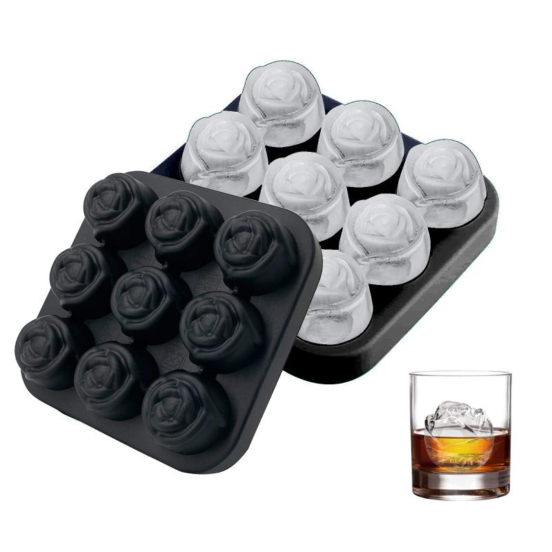 Tavă pentru cuburi de gheață, cu 9 cavități, din silicon, cu trandafiri, pentru fabricarea de bile de gheață, cu eliberare ușoară, formă mare de cuburi de gheață pentru cocktail-uri
