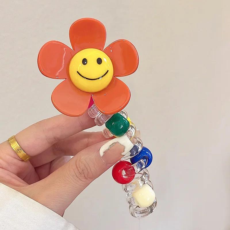 1PC New Lovely Beaded Big Flowers Elastic Spiral Hair Rope Head Rope Ponytail Hair Ring Rubber Band Headdress For Kids
