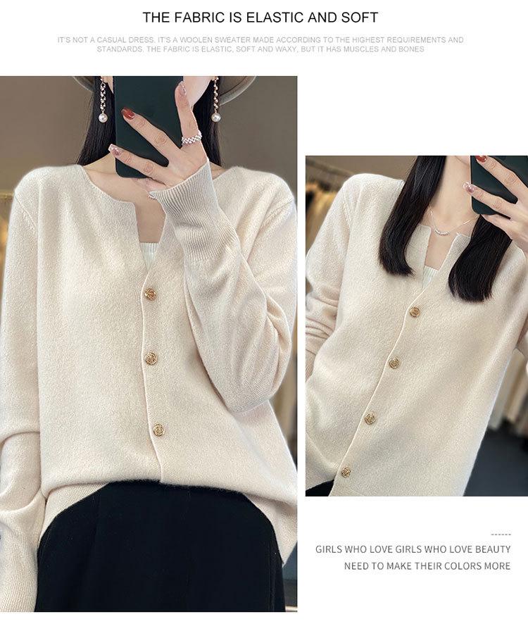 2023 Women's Pure Wool V-Neck Cashmere Cardigan - Solid Color Knit, Loose Fit