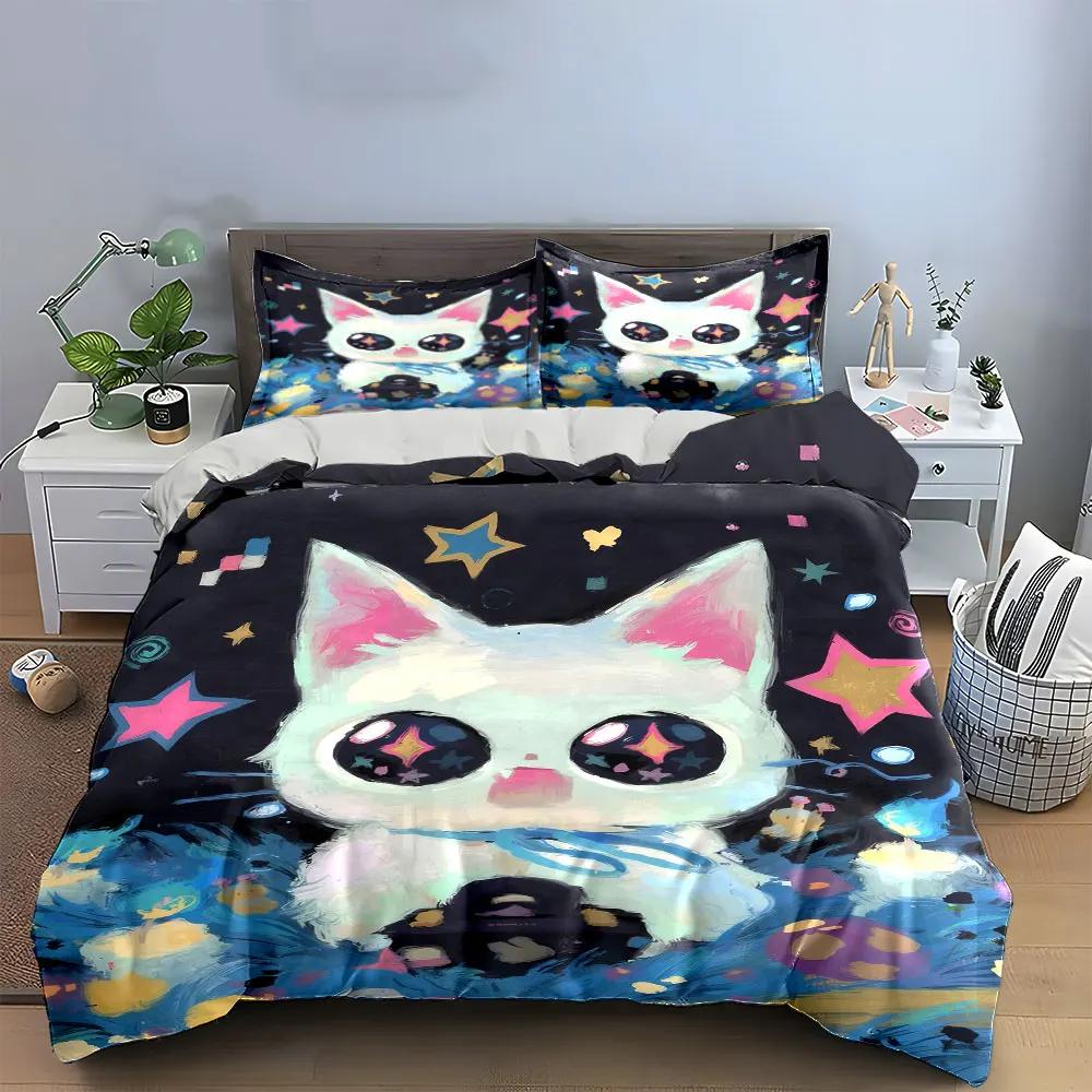 Cute Cat Starry Night Decoration Set Soft Comfortable Duvet Cover Bedding Set Included 1*Duvet Cover & 2*Pillowcases Gift