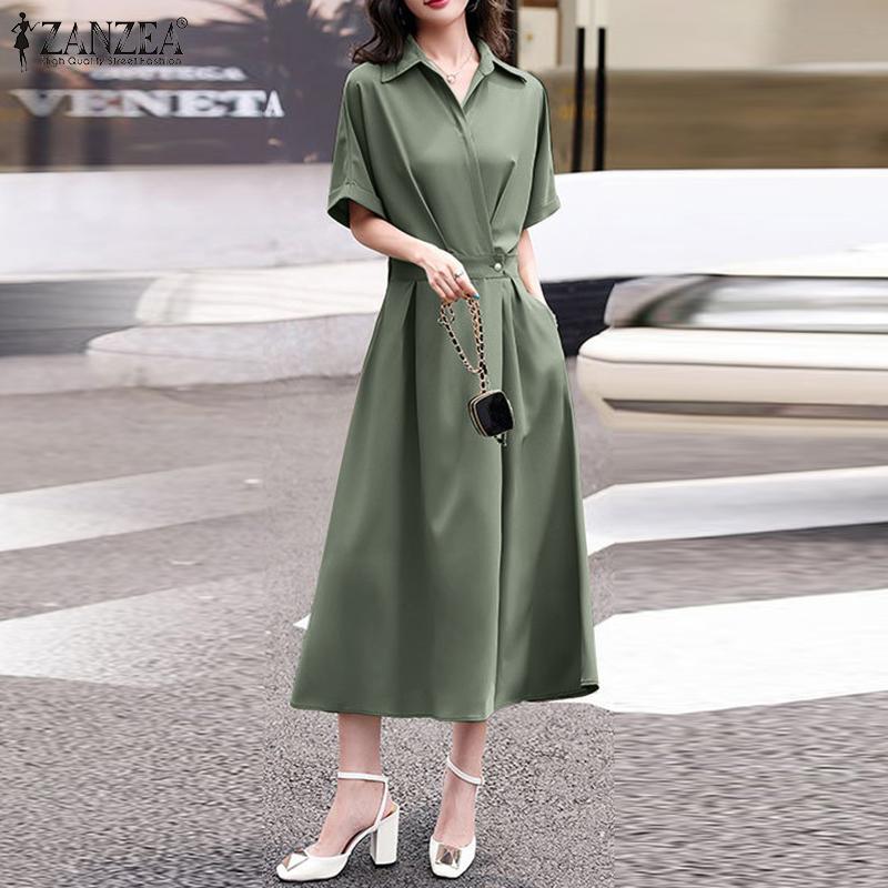 

ZANZEA Женские деловые летние длинные платья с короткими рукавами и V-образным вырезом