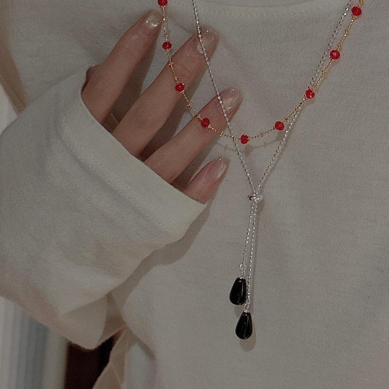 S925 Sterling Silver Niche Design Sense Retro Water Drop Agate Necklace Korean Style Fashion Personalized Sweater Chain
