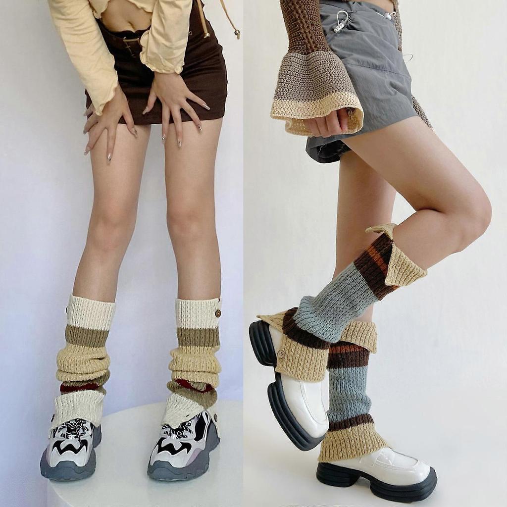 Button Design Leg Warmers College Student Women Girls Ribbed Knitted Calf Socks Contrast Color Striped Foot Covers  Coffee