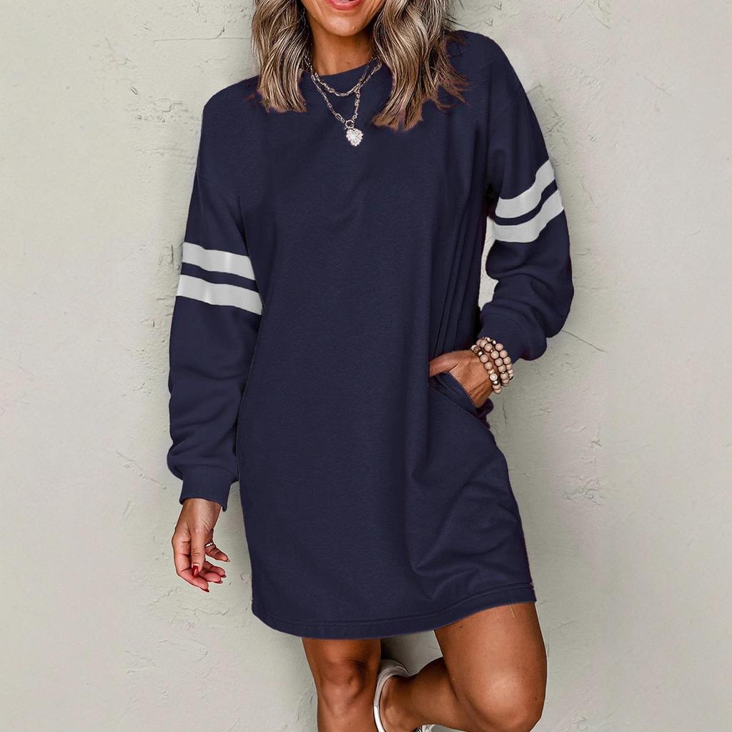 Striped Color Block Drop Shoulder Women's Casual Loose Pullover Dress for Autumn/Winter