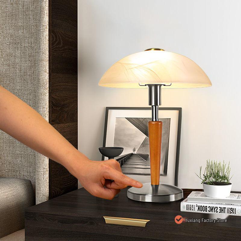 Retro American Solid Wood Glass Table Lamp for Bedroom and Living Room - Touch-Control Warm Lighting for Study