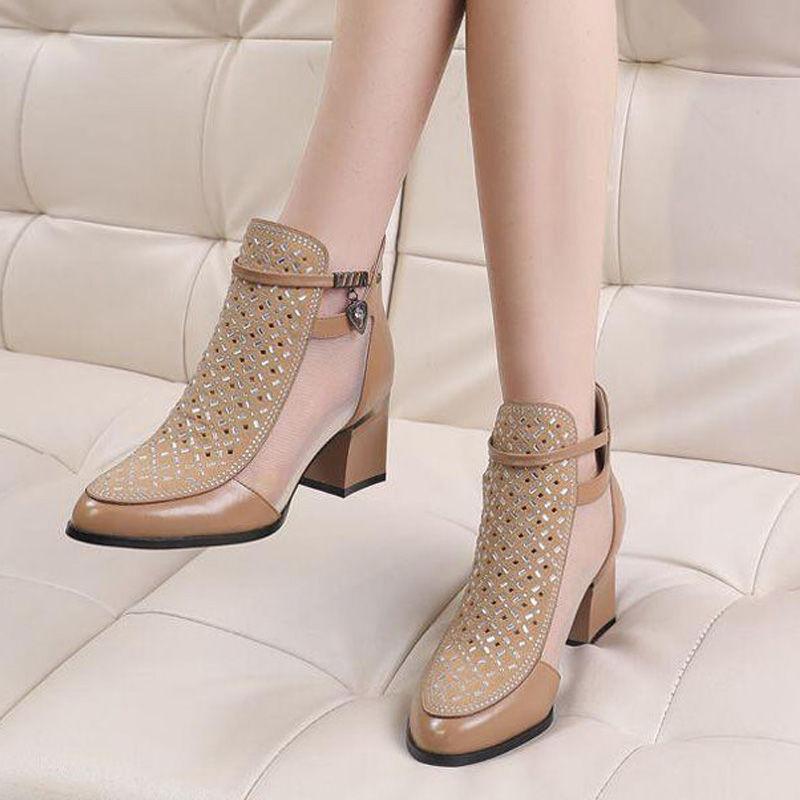 Fashion FHC New Cowhide Genuine Leather Sandals Boots,Women Mesh Shoes,Summer Heels,Pointed toe,Back Zip,Hollow Out,Dropship,Black,Beige