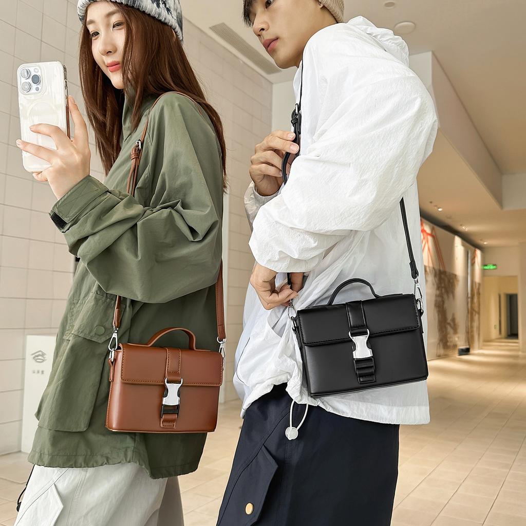 Premium sense PU leather hard box small square bag men's design sense trendy messenger bag boys commuter shoulder bag