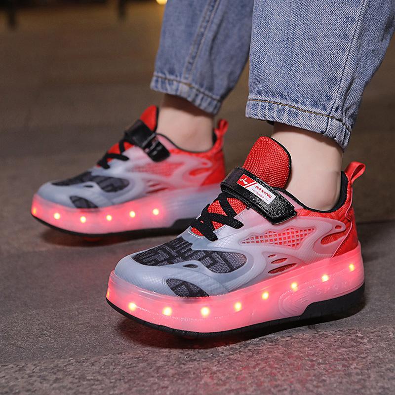 Boys Lights Sports Shoes Rubbing Shoes Charging /Disassembling Tow Wheels Slide Shoes LED Kids Glowing Sneakers