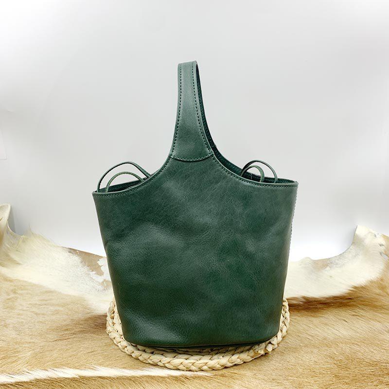 Johnature Genuine Leather Retro Bucket Bag Commuter Large Capacity Soft Cowhide Solid Color Women's Shoulder Bag