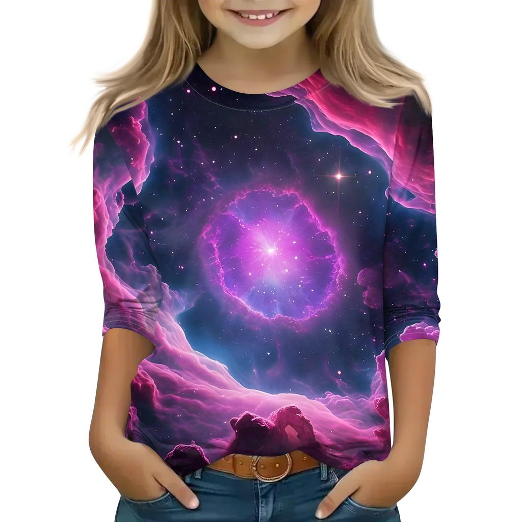 Koszulki z nadrukiem dla dziewczynek w wieku 5-16 lat, okrągły dekolt, rękawy 3/4, modne koszulki, stroje, koszulki