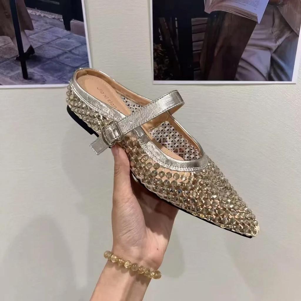 Women Slippers  New Rhinestone Leisure Slipper Retro Pointed Toe Metal Buckle Fashion Half Slipper Sandalias De Mujer