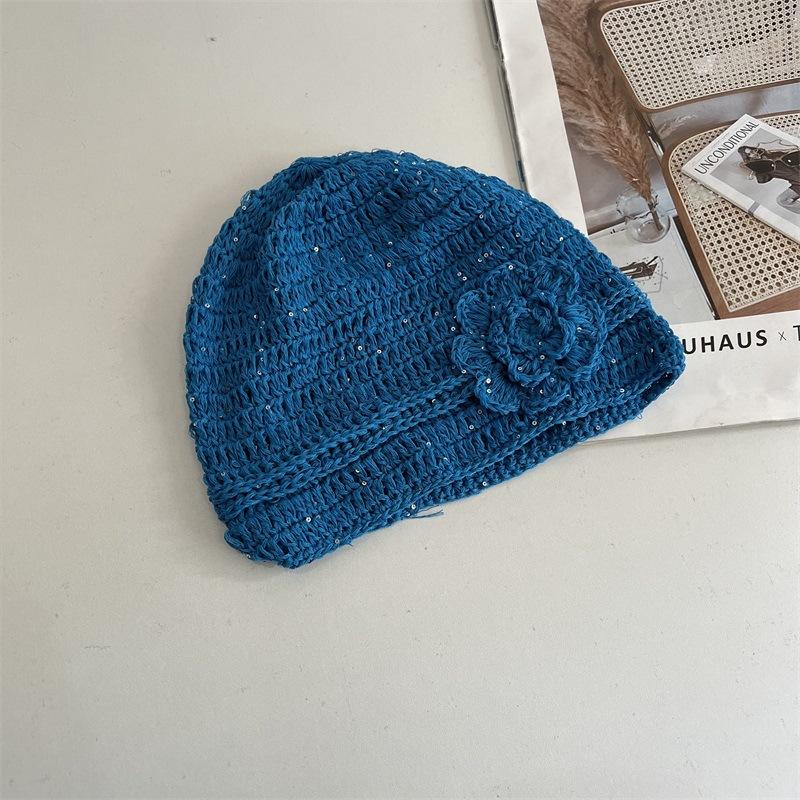 Sequined Flower Knitted Headgear Women's Spring and Summer Breathable Mesh Casual Versatile Retro Cold Hat Ear Protection Hat Shows Small Face
